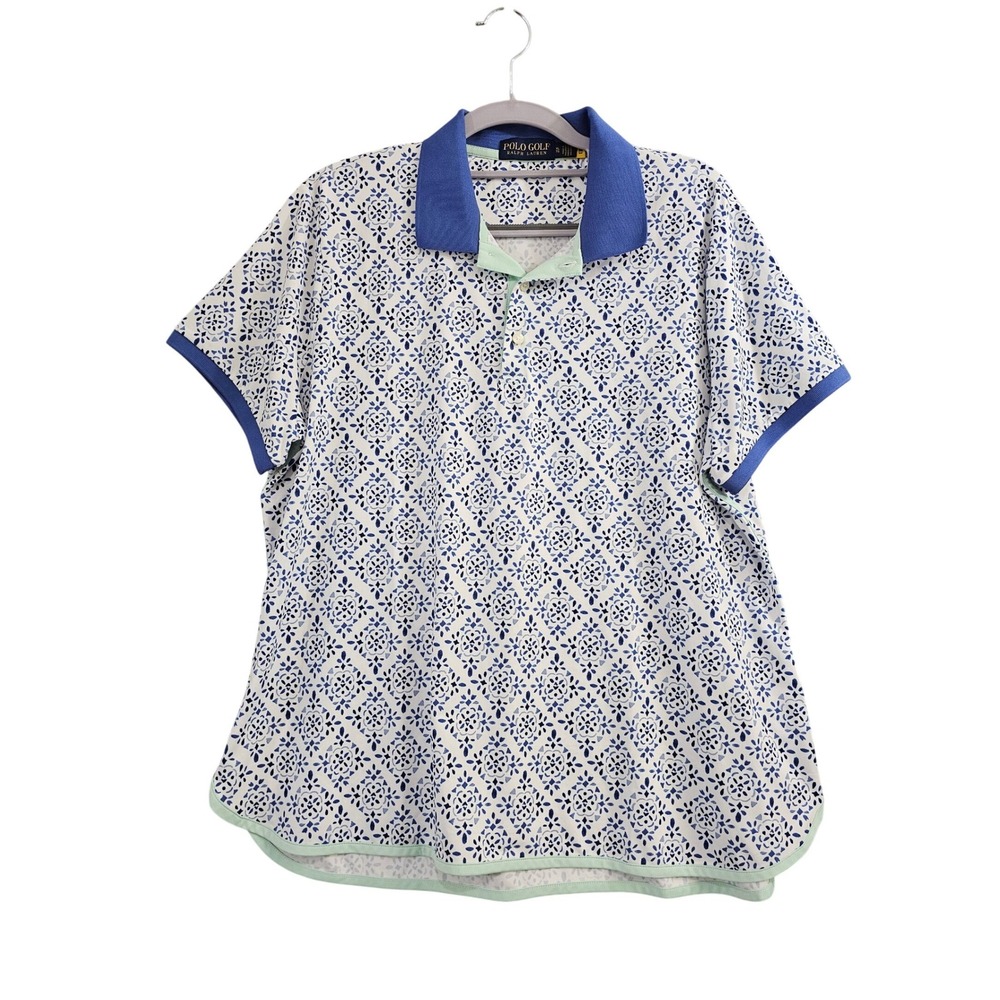 Polo Golf Ralph Lauren Women XL Blue Geometric Print Short Sleeve Polo Shirt EUC